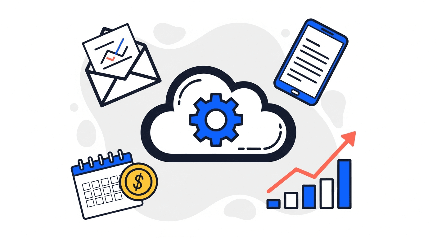 A central cloud with a gear orbited by an envelope, a phone, coins, and an upward chart, illustrating automating accounts receivable in Xero