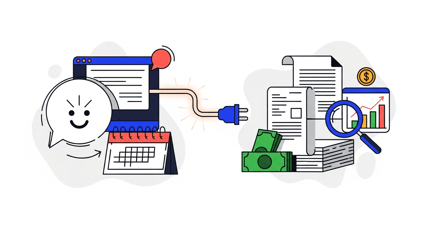 Illustration of an AI assistant plugging directly into a stack of accounts receivable invoices, aging reports, and customer records