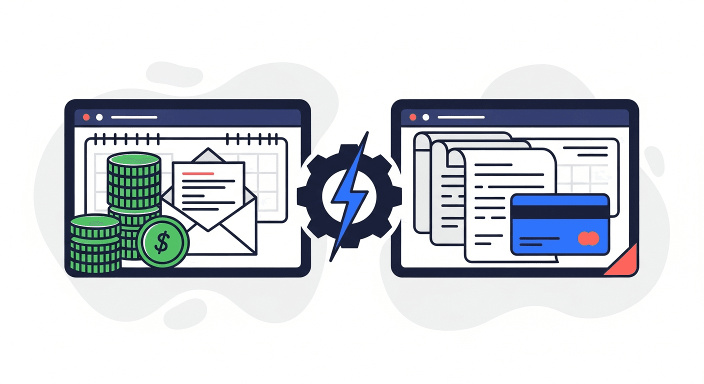 Two software dashboard panels facing each other with a central gear and lightning bolt, illustrating a comparison between Yonovo and Bill.com