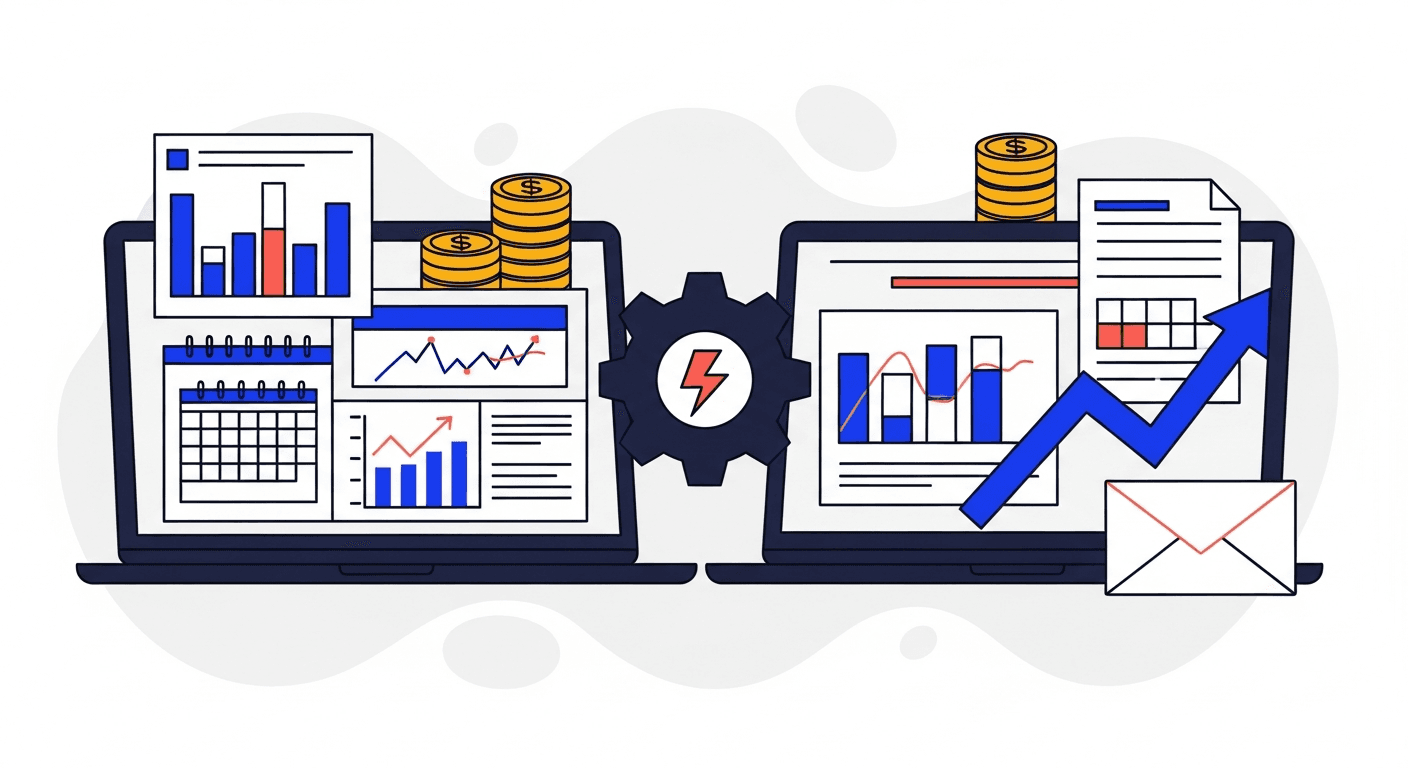Two laptop dashboards facing each other with a central gear and lightning bolt illustrating Yonovo vs Chaser comparison