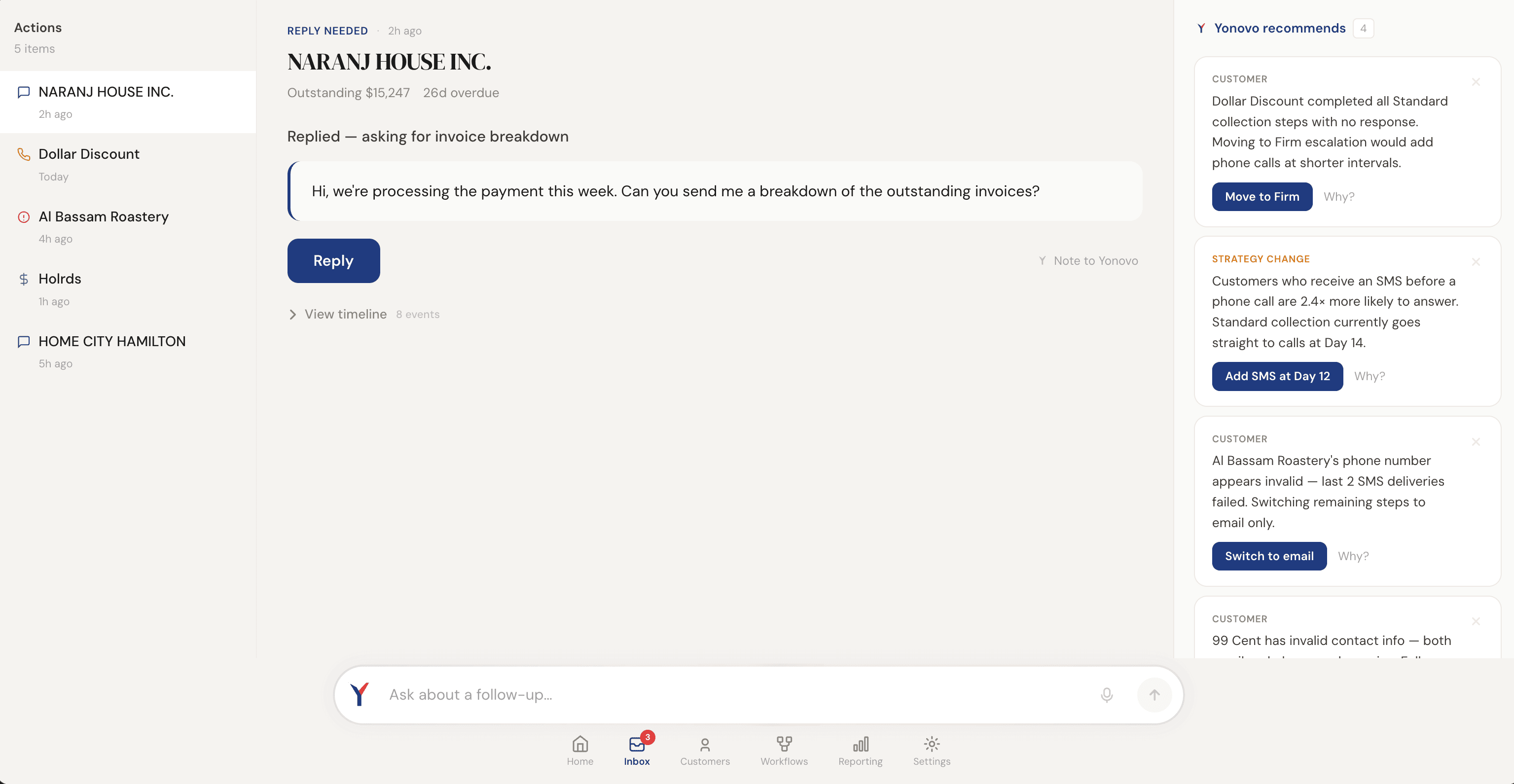 Yonovo inbox showing customer replies and escalated accounts