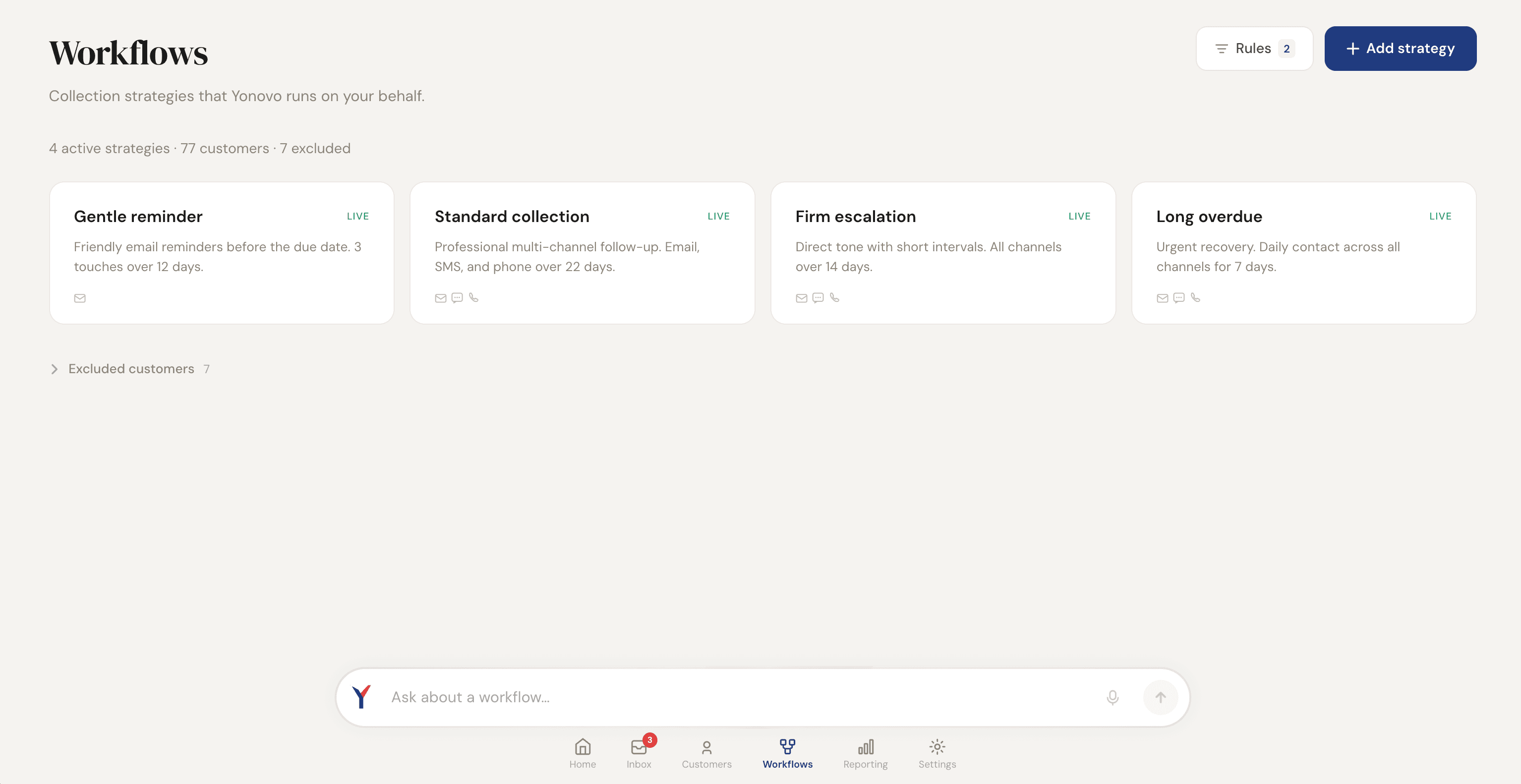 Yonovo collection workflow builder with timing and channel rules