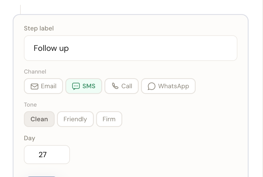 Overdue invoices enter a sequence that escalates with age. A friendly email first. Then SMS. Then a phone call. Timing and tone follow the rules you set.